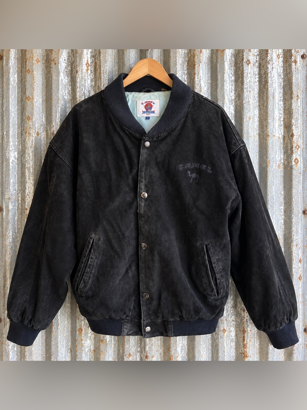 Vintage Camel Genuine Suede Leather Bomber Jacket Black Size L